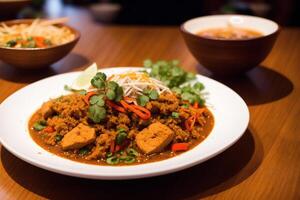 Chinese food, Stir-fried pork in sweet and sour sauce with rice. Chicken noodle soup. photo
