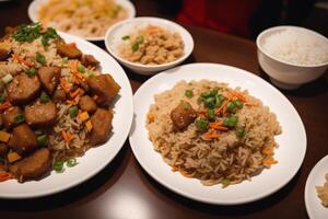 Chinese food, Stir-fried pork in sweet and sour sauce with rice. Chicken noodle soup. photo