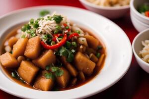 Chinese food, Stir-fried pork in sweet and sour sauce with rice. Chicken noodle soup. photo