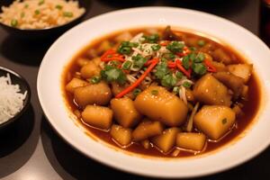 Chinese food, Stir-fried pork in sweet and sour sauce with rice. Chicken noodle soup. photo