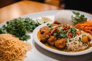 Chinese food, Stir-fried pork in sweet and sour sauce with rice. Chicken noodle soup. photo