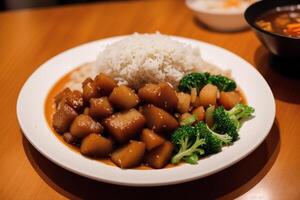 Chinese food, Stir-fried pork in sweet and sour sauce with rice. Chicken noodle soup. photo