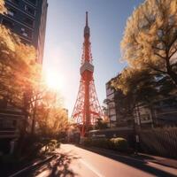 Tokyo Tower in close up view with clear blue sky, famous landmark of Tokyo, Japan. Generative Ai. photo