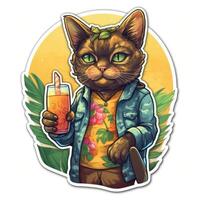 The cute cat wears a Hawaii shirt and holding a cocktail in his hand. Vector illustration. . photo