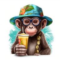 Illustration of Monkey in sunglasses and cap drinks juice in Summer Season. . photo