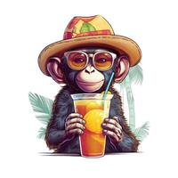 ilustración de mono en Gafas de sol y gorra bebidas jugo en verano estación. generativo ai. foto