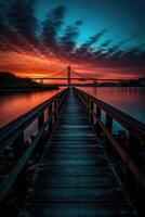 Wooden plank walkway leading to a beautiful sunset on the lake. . photo