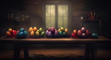 row of colorful easter eggs on wooden table and bokeh background, place for typography and logo. Rustic wooden table. Easter theme. . photo