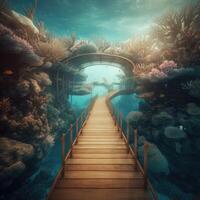 A beautiful scenery of a wooden pathway leading to the under water beautiful view. . photo