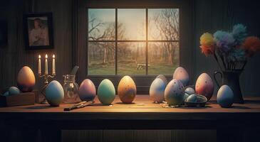 row of colorful easter eggs on wooden table and bokeh background, place for typography and logo. Rustic wooden table. Easter theme. . photo