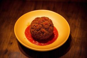 Meatballs with tomato sauce on a white plate, close-up. photo