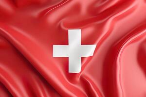 Red and white cross background, waving the national flag of Switzerland, waved highly detailed close-up. photo