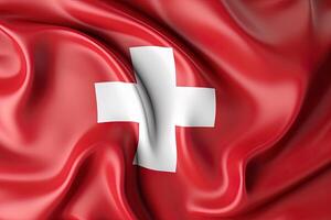 Red and white cross background, waving the national flag of Switzerland, waved highly detailed close-up. photo