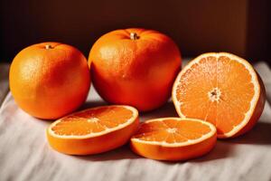 Ripe orange fruit with leaves on wooden table, closeup view. photo