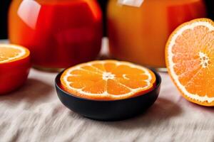 Ripe orange fruit with leaves on wooden table, closeup view. photo