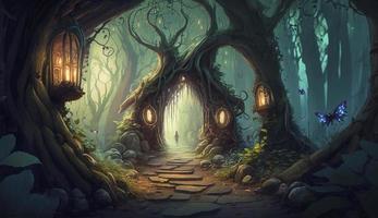 A magical, dreamlike forest with a hidden fairy village, in the style of The Secret of NIM, Generate Ai photo