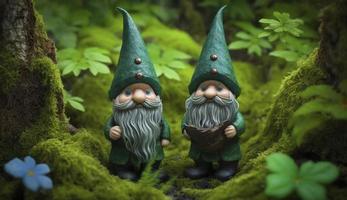 toy irish gnomes in mystery forest, abstract green natural background. magic friends dwarfs and fantasy nature. fairy tale image. harmony beautiful spring or summer season, Generate Ai photo