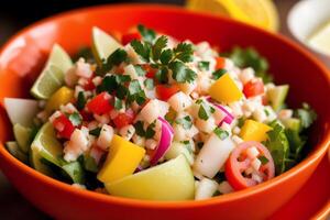 Fresh salad with green olives, feta cheese and cherry tomatoes in a bowl. Healthy salad. photo