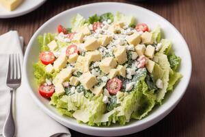 Fresh salad with green olives, feta cheese and cherry tomatoes in a bowl. Healthy salad. photo