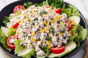 Fresh salad with green olives, feta cheese and cherry tomatoes in a bowl. Healthy salad. photo