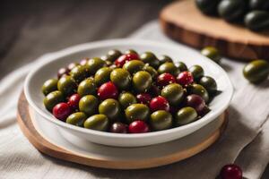 Fresh salad with green olives, feta cheese and cherry tomatoes in a bowl. Healthy salad. photo