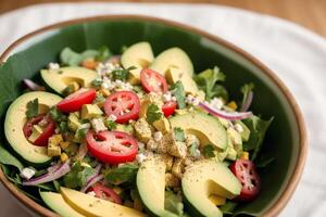 Fresh salad with green olives, feta cheese and cherry tomatoes in a bowl. Healthy salad. photo