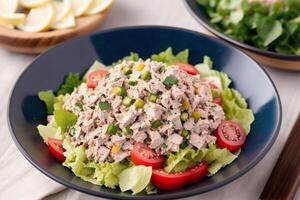 Fresh salad with green olives, feta cheese and cherry tomatoes in a bowl. Healthy salad. photo