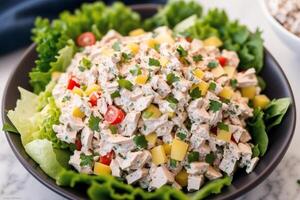 Fresh salad with green olives, feta cheese and cherry tomatoes in a bowl. Healthy salad. photo