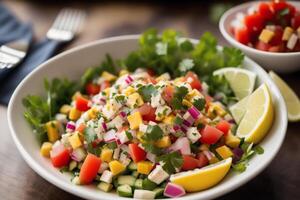 Fresco ensalada con verde Olivos, queso feta queso y Cereza Tomates en un bol. sano ensalada. generativo ai foto