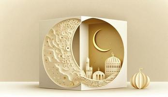 Islamic background, Gift box, lantern, gold crescent moon on white. Design concept of ramadan kareem, mawlid, iftar,isra and miraj or eid al fitr adha, 3D illustration, Generate Ai photo