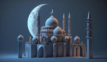 mosque and moon, blue background, 3d render, Generate Ai photo