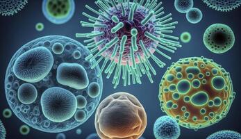 Macro shot of different types of microbes. Virus cells and bacteria on abstract background. Created with photo