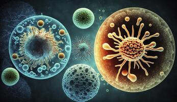 Macro shot of different types of microbes. Virus cells and bacteria on abstract background. Created with photo