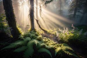 Misty forest glade with rays of sunlight filtering through the trees and illuminating a carpet of ferns and wildflowers. photo