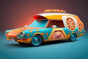 AI Generated Pizza delivery. Pizza as fast food car. Mascot pizza car design. Logotype for restaurant or cafe. Street food festival symbol with pizza in cartoon style. photo