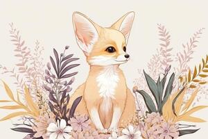 Cute baby fennec fox with floral background photo