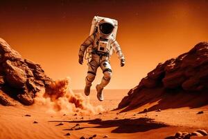 Zero gravity. Weightless wonder. Spaceman jumps at mars. photo