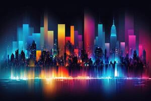 City skyline at night with a vibrant array of colorful lights shining from towering skyscrapers. photo