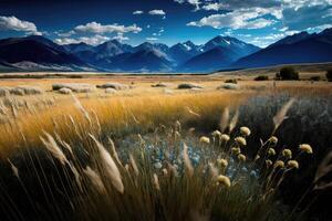 ai generado prado lleno con alto pastos y flores silvestres, con un distante rango de montañas Proporcionar un maravilloso fondo. foto