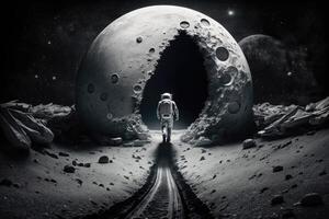 ai generado lunar aterrizaje. astronautas en un caminar en el Luna. foto