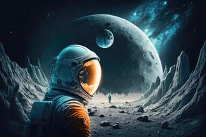 Adventures of a spaceman at moon. photo