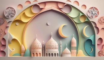 Paper art, eid mubarak, ramadan kareem, rmadan kareem greeting card, ramadan kareem banner, ramadan kareem card, eid mubarak ramadan, eid mubarak template, Generate Ai photo