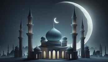 mosque and moon, blue background, 3d render, Generate Ai photo