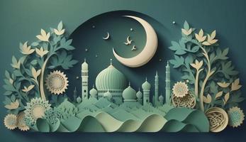 Paper art, eid mubarak, ramadan kareem, rmadan kareem greeting card, ramadan kareem banner, ramadan kareem card, eid mubarak ramadan, eid mubarak template, Generate Ai photo