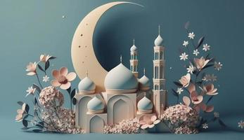 mezquita y Luna con flores, pastel colores, en azul antecedentes. 3d hacer y ilustración, , generar ai foto