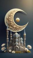 mosque and moon  on blue background. 3d render and illustration, Generate Ai photo