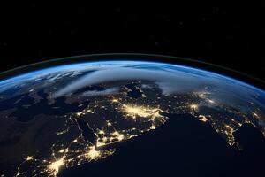 Beautiful amazing planet Earth with night lights of megacities and cities with stars space view. photo