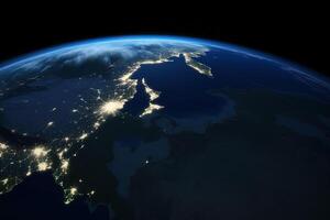 Beautiful amazing planet Earth with night lights of megacities and cities with stars space view. photo