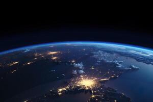 Beautiful amazing planet Earth with night lights of megacities and cities with stars space view. photo