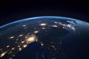 Beautiful amazing planet Earth with night lights of megacities and cities with stars space view. photo